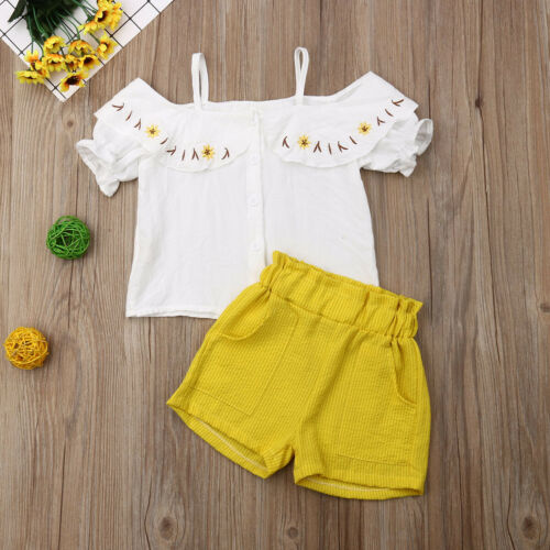 Baby Kids Girls Short Sleeve Tops Off Shoulder Shits+Shorts Pants Set 2Pcs Clothes - ebowsos