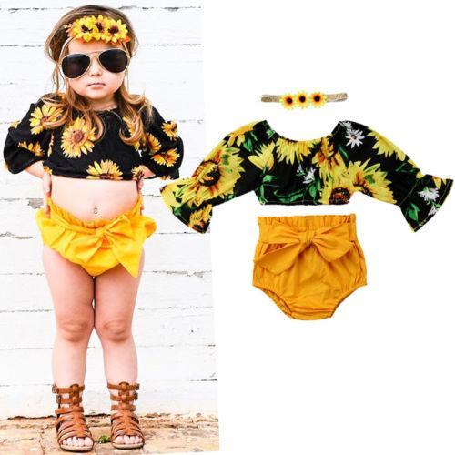 Baby Kids Toddler Baby Girls Sunflower Half Sleeve Tops+PP Bow short pants Shorts Headband 3Pcs Outfits - ebowsos