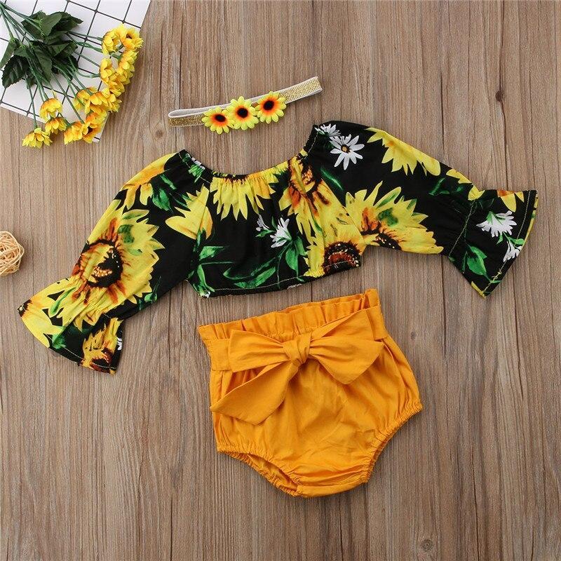 Baby Kids Toddler Baby Girls Sunflower Half Sleeve Tops+PP Bow short pants Shorts Headband 3Pcs Outfits - ebowsos