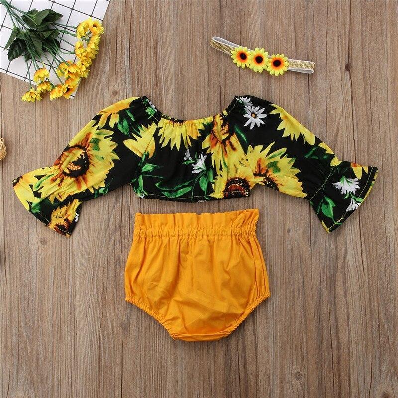 Baby Kids Toddler Baby Girls Sunflower Half Sleeve Tops+PP Bow short pants Shorts Headband 3Pcs Outfits - ebowsos