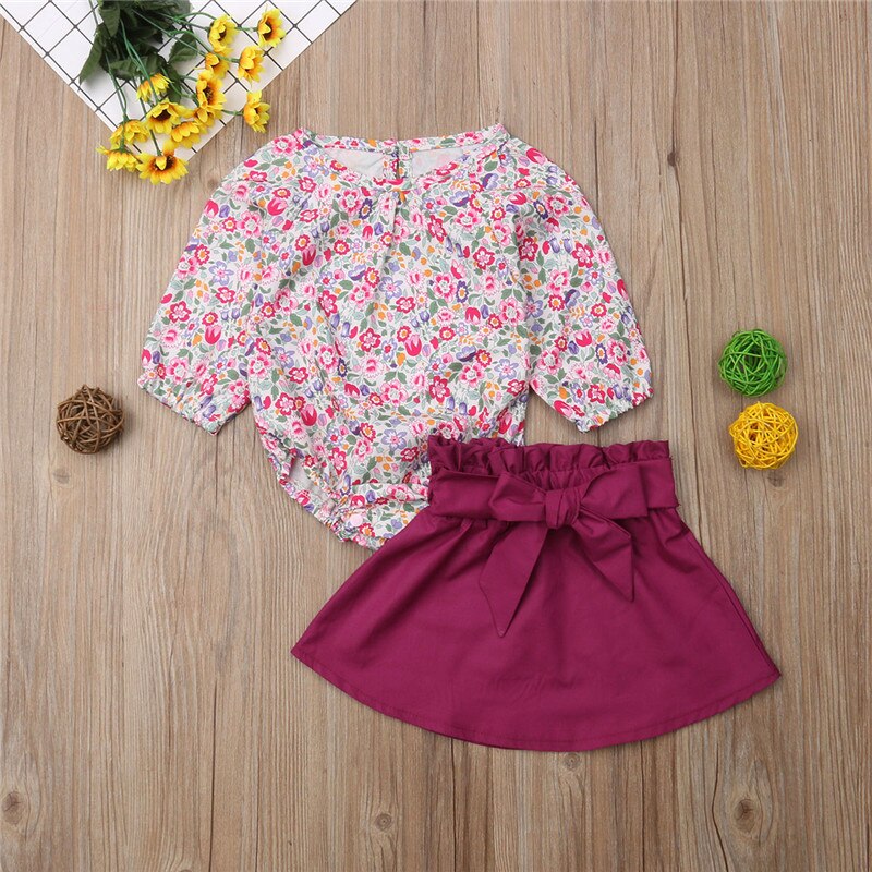 Baby Toddler Kids Girls Long Sleeve Tops Print Romper+Bowknot Mini Skirt Outfits 2Pcs Kids Clothes - ebowsos