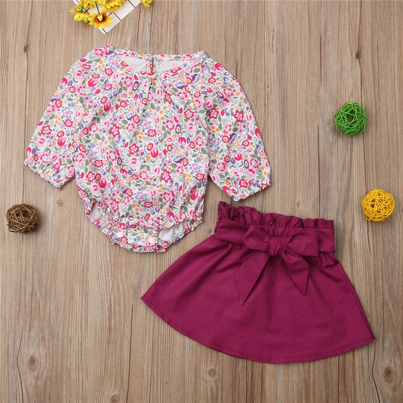 Baby Toddler Kids Girls Long Sleeve Tops Print Romper+Bowknot Mini Skirt Outfits 2Pcs Kids Clothes - ebowsos