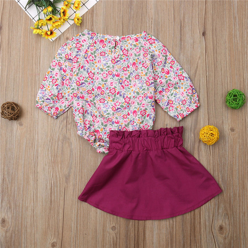 Baby Toddler Kids Girls Long Sleeve Tops Print Romper+Bowknot Mini Skirt Outfits 2Pcs Kids Clothes - ebowsos