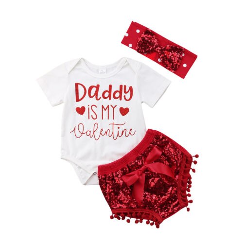 Baby Valentine's Day Clothes Girls Set Print Letter Daddy Short Sleeve Tops Romper Polka Dot Tutu Shorts Outfits 0-24M - ebowsos