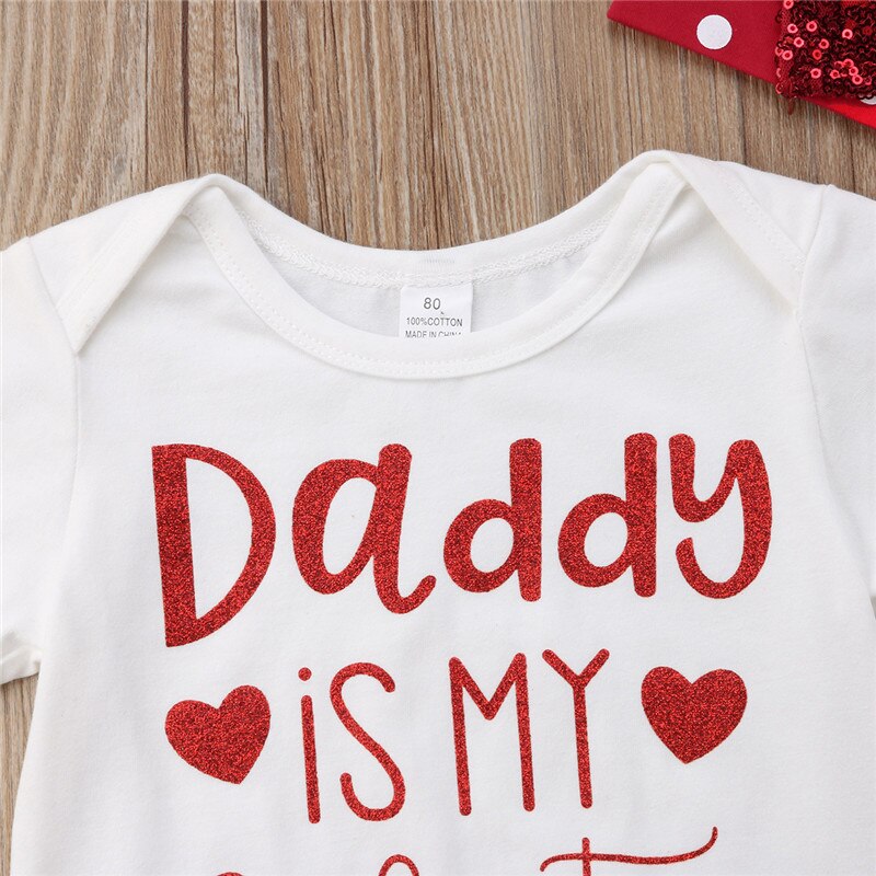 Baby Valentine's Day Clothes Girls Set Print Letter Daddy Short Sleeve Tops Romper Polka Dot Tutu Shorts Outfits 0-24M - ebowsos