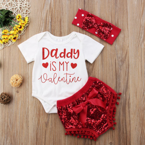 Baby Valentine's Day Clothes Girls Set Print Letter Daddy Short Sleeve Tops Romper Polka Dot Tutu Shorts Outfits 0-24M - ebowsos