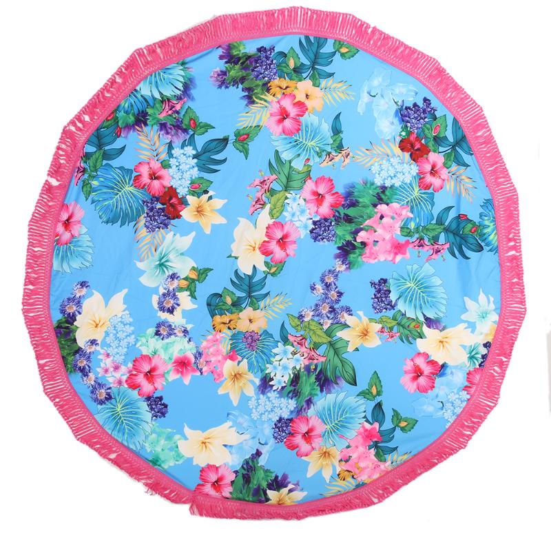 Beach Bath Towels Floral Printed Round Blanket Tassels Yoga Mat Tippet - ebowsos