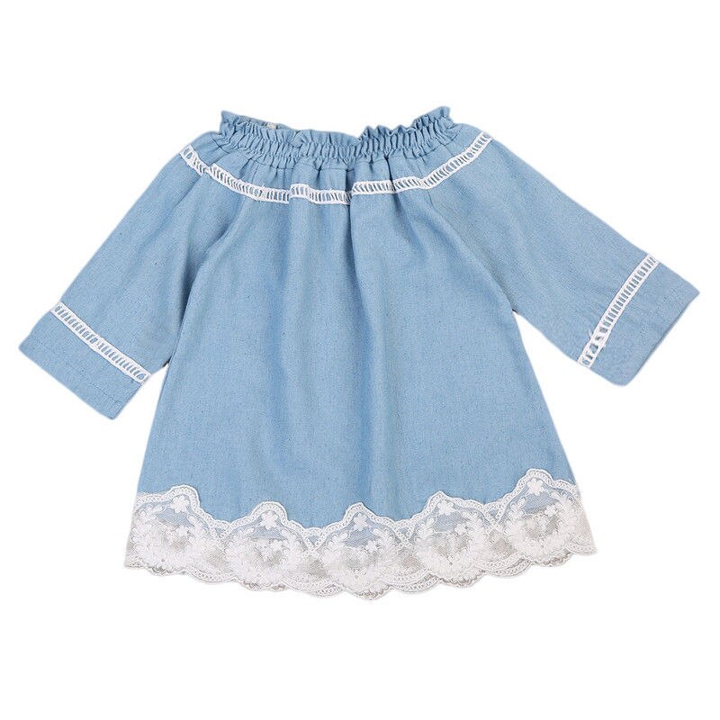 Beauty  Kids Dresses For Girls Spring Newborn Baby Girl Lace Off Shoulder Denim Dress Party Princess Hoilday Dresses w - ebowsos