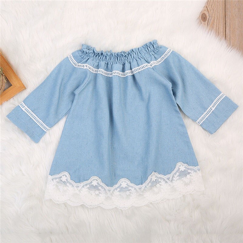 Beauty  Kids Dresses For Girls Spring Newborn Baby Girl Lace Off Shoulder Denim Dress Party Princess Hoilday Dresses w - ebowsos