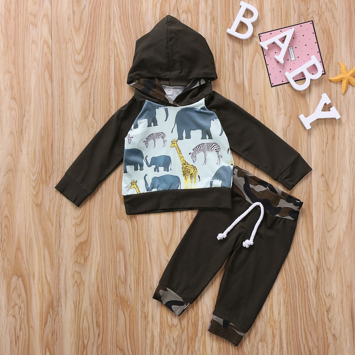 Cartoon Animals Toddler Baby Kid Boys Clothes Hooded Long Sleeve Tops T-shirt Camouflage Pants Outfits 2PCS Set - ebowsos