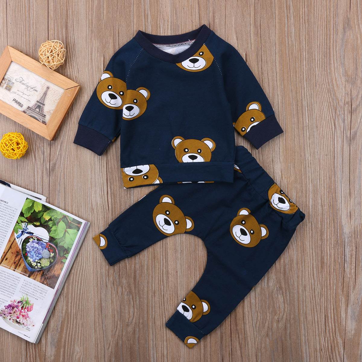 Cartoon Bear Baby Boy Girl Fashion Cotton Long Sleeve T-shirt Newborn Kids Infant Long Pants Leggings Outfit Clothes - ebowsos