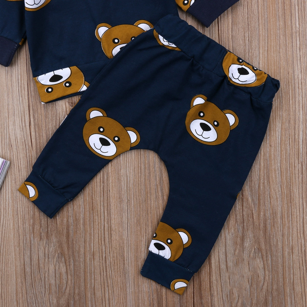 Cartoon Bear Baby Boy Girl Fashion Cotton Long Sleeve T-shirt Newborn Kids Infant Long Pants Leggings Outfit Clothes - ebowsos