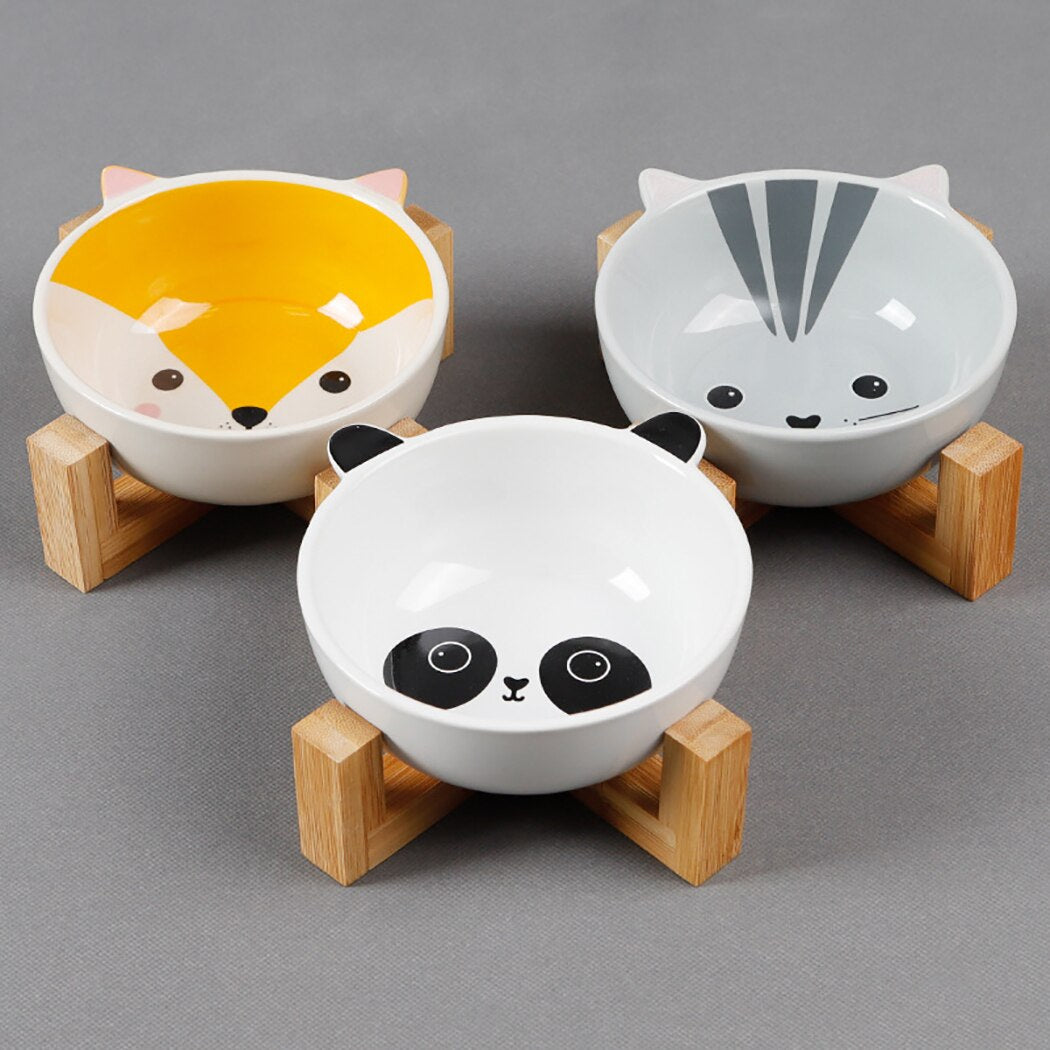 Cartoon Ceramic Cat Bowl With Bamboo Wood Bracket Creative Cute Cartoon Pattern Ceramic Dog Bowl Cat Bowl With Wood Stand-ebowsos