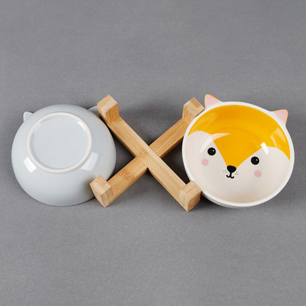 Cartoon Ceramic Cat Bowl With Bamboo Wood Bracket Creative Cute Cartoon Pattern Ceramic Dog Bowl Cat Bowl With Wood Stand-ebowsos