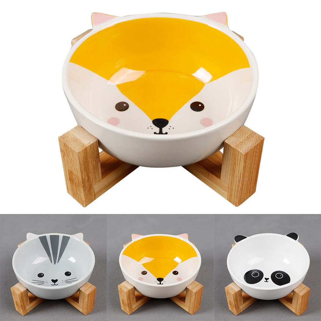 Cartoon Ceramic Cat Bowl With Bamboo Wood Bracket Creative Cute Cartoon Pattern Ceramic Dog Bowl Cat Bowl With Wood Stand-ebowsos