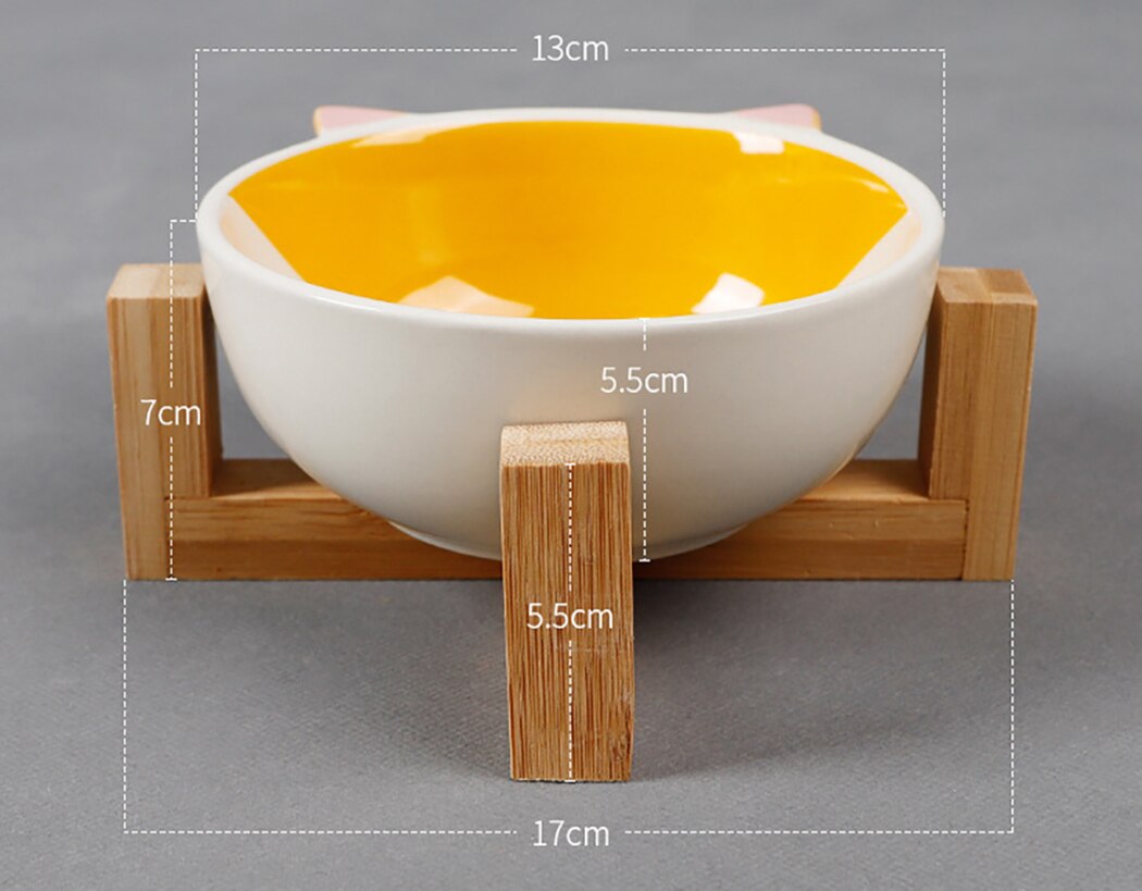 Cartoon Ceramic Cat Bowl With Bamboo Wood Bracket Creative Cute Cartoon Pattern Ceramic Dog Bowl Cat Bowl With Wood Stand-ebowsos