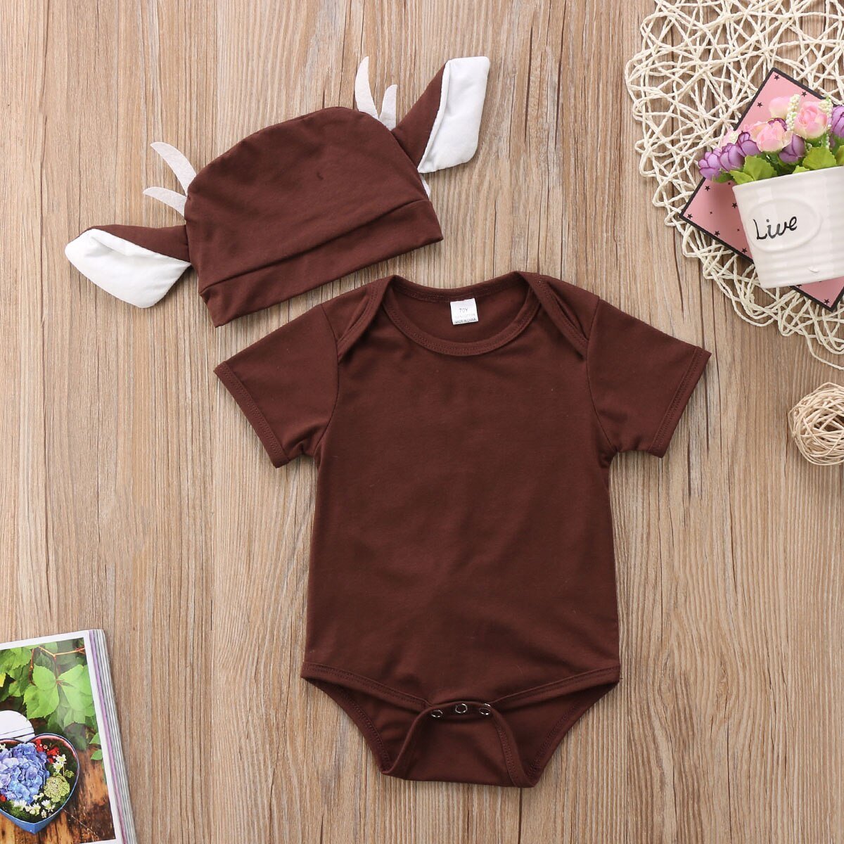 Cartoon Cute Deer  Newborn Infant Baby Boy Girls Cotton Short Sleeve Bodysuit Clothes Outfit Set Summer+ Hat - ebowsos