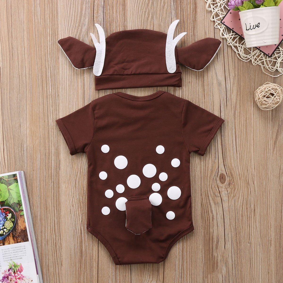 Cartoon Cute Deer  Newborn Infant Baby Boy Girls Cotton Short Sleeve Bodysuit Clothes Outfit Set Summer+ Hat - ebowsos