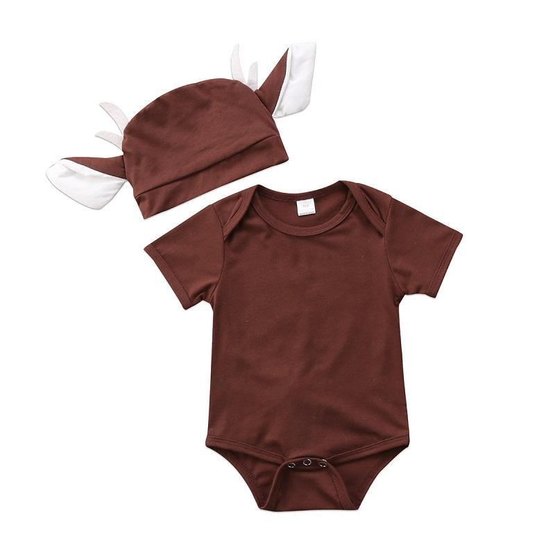 Cartoon Cute Deer  Newborn Infant Baby Boy Girls Cotton Short Sleeve Bodysuit Clothes Outfit Set Summer+ Hat - ebowsos