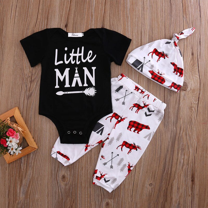 Cartoon Deer Baby Boy Clothes Kids Newborn Cotton Clothes Infant Baby Boy Romper+Pants+Hat Outfit Set - ebowsos