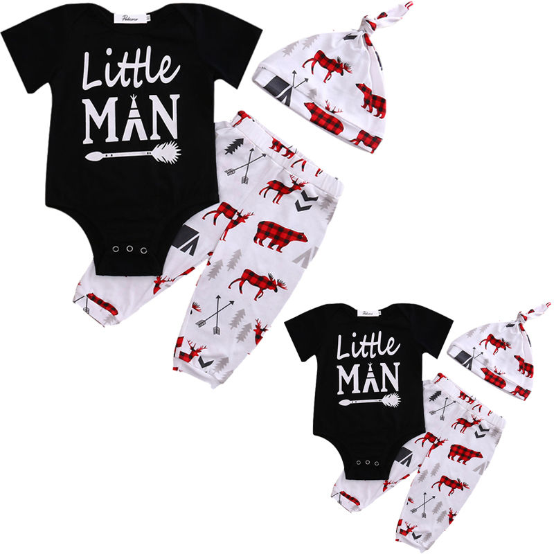 Cartoon Deer Baby Boy Clothes Kids Newborn Cotton Clothes Infant Baby Boy Romper+Pants+Hat Outfit Set - ebowsos