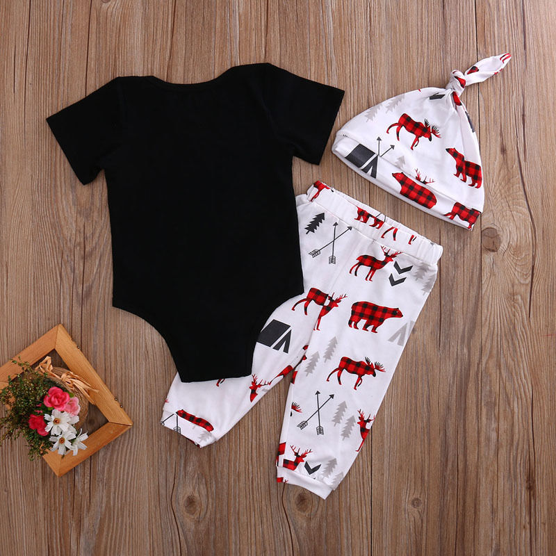 Cartoon Deer Baby Boy Clothes Kids Newborn Cotton Clothes Infant Baby Boy Romper+Pants+Hat Outfit Set - ebowsos