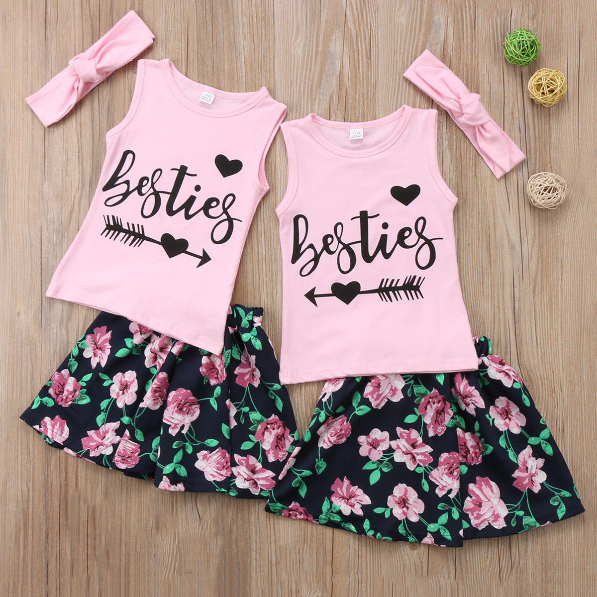 Cartoon Left And Right Arrows Kids Baby Girls Bestie Tops T-Shirt Tee Flower Princess Skirt Outfit Clothes Sets - ebowsos