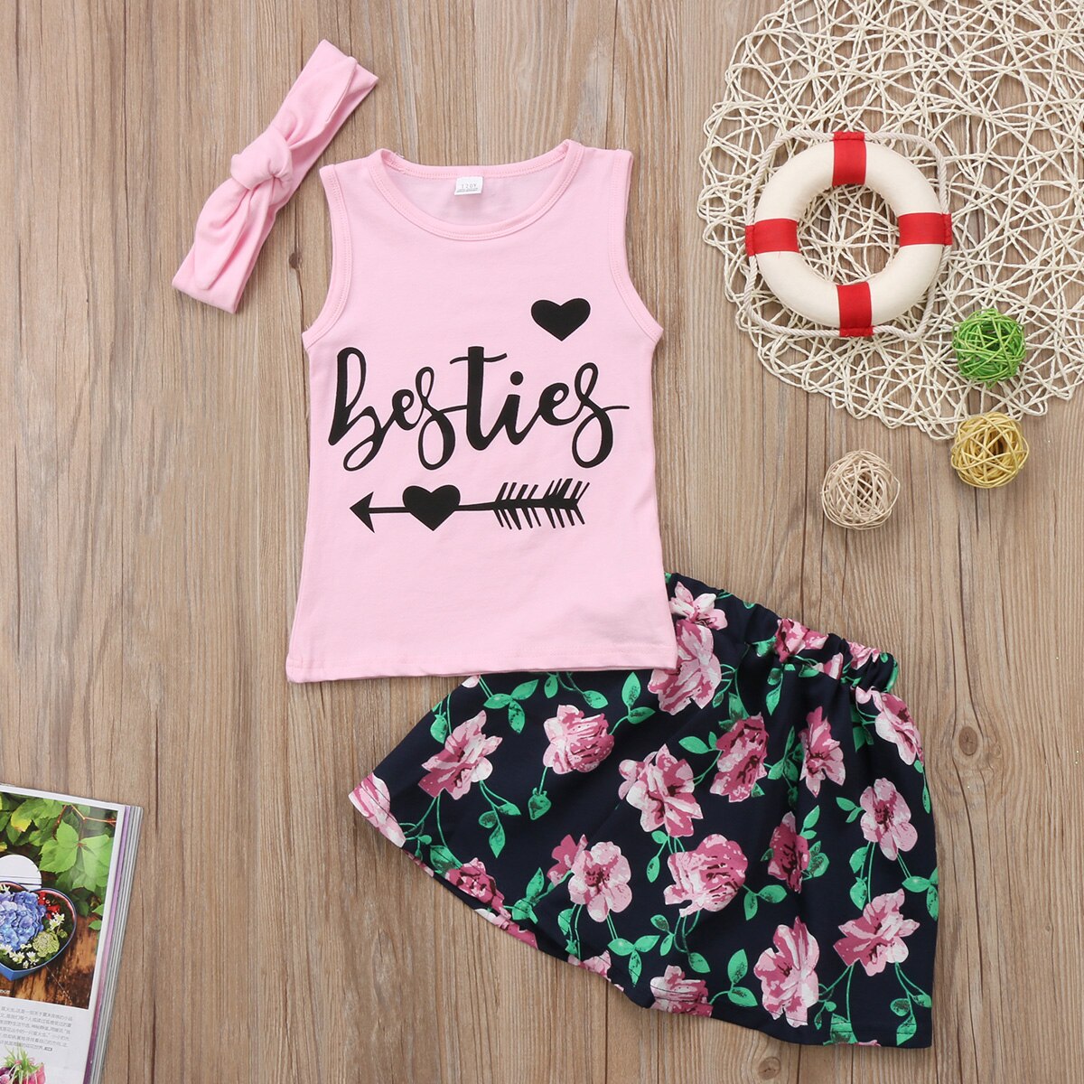 Cartoon Left And Right Arrows Kids Baby Girls Bestie Tops T-Shirt Tee Flower Princess Skirt Outfit Clothes Sets - ebowsos