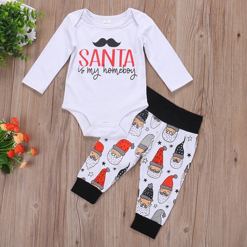 Cartoon New Style Baby Boys Clothes Sets Santa Newborn Baby Boys Long Sleeve Tops Romper Pants 2Pcs Outfits Set Clothes - ebowsos