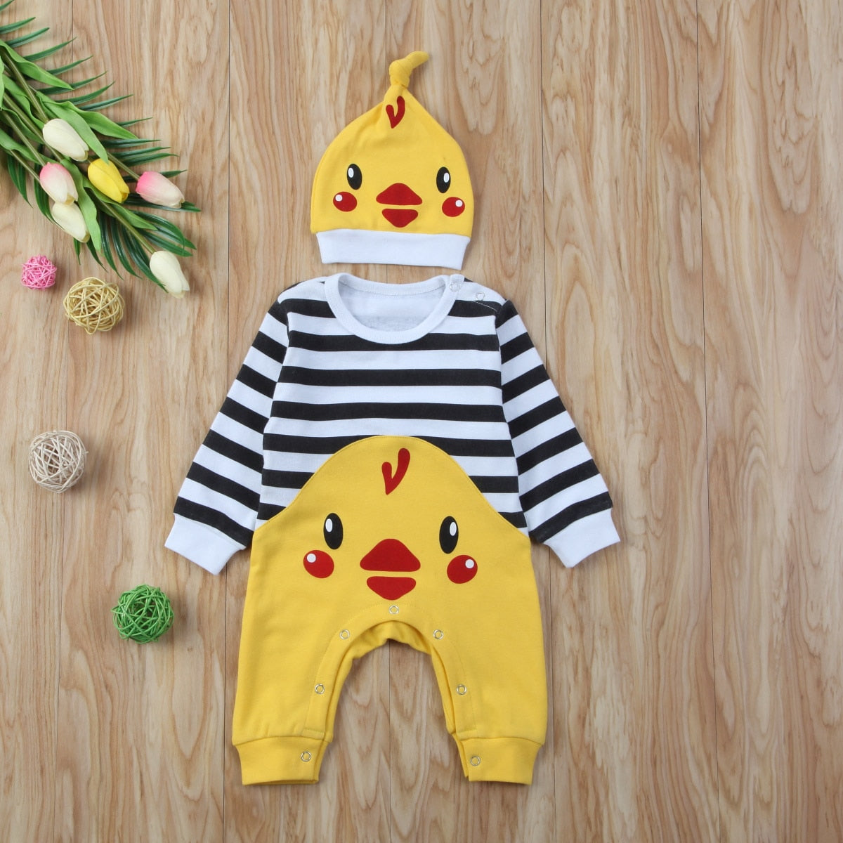 Cartoon Newborn Baby Boy Girl Striped Long Sleeve Hooded Romper Playsuit Clothes - ebowsos