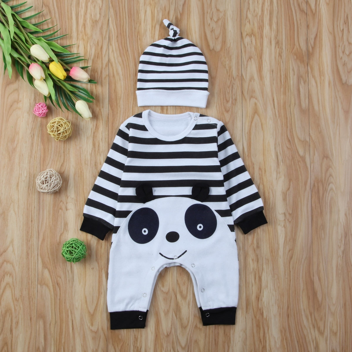 Cartoon Newborn Baby Boy Girl Striped Long Sleeve Hooded Romper Playsuit Clothes - ebowsos