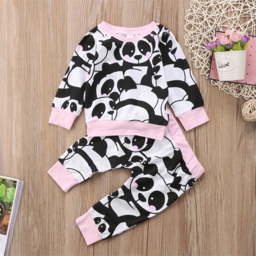 Cartoon Panda Newborn Infant Baby Girls Clothing Sets Long Sleeve Tops Sweatshirt T-Shirt+Long Leggings Pants Outfit Set - ebowsos