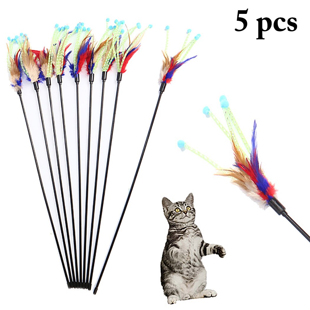 Cat Interactive Toys 5pcs Cat Teaser Wand Toy Stick Feather Interactive Play Funny Kitten Pet Training Supplies For Kitten Cats-ebowsos