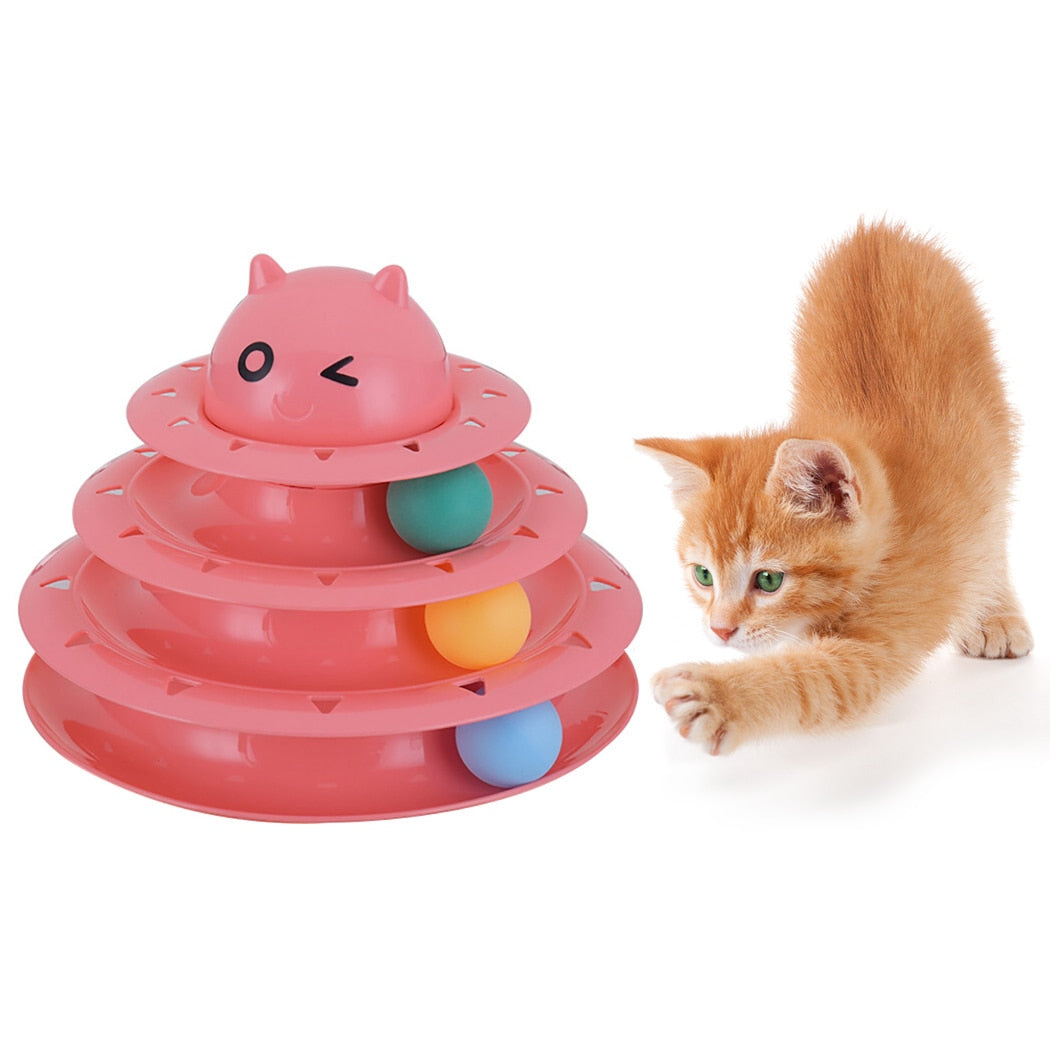 Cat Toy Three-Layer Turntable Track Tower Amusement Training Cat Interactive Toy Pet Toy With Balls Pet Cat Toy Track Carousel-ebowsos