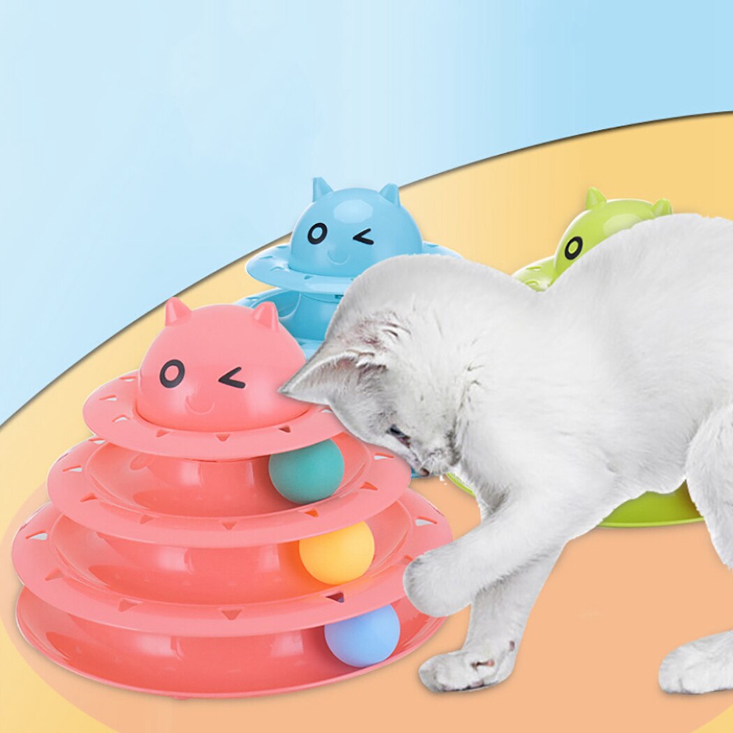 Cat Toy Three-Layer Turntable Track Tower Amusement Training Cat Interactive Toy Pet Toy With Balls Pet Cat Toy Track Carousel-ebowsos