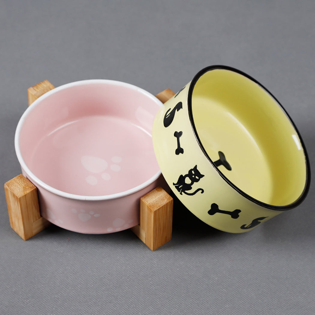 Ceramic Feeding And Drinking Bowls Combination With Bamboo Frame For Dogs Cats Water Drink Dishes Feeder Pet Daily Necessities-ebowsos