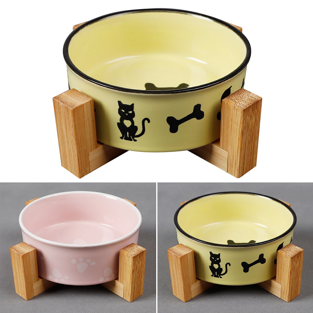 Ceramic Feeding And Drinking Bowls Combination With Bamboo Frame For Dogs Cats Water Drink Dishes Feeder Pet Daily Necessities-ebowsos