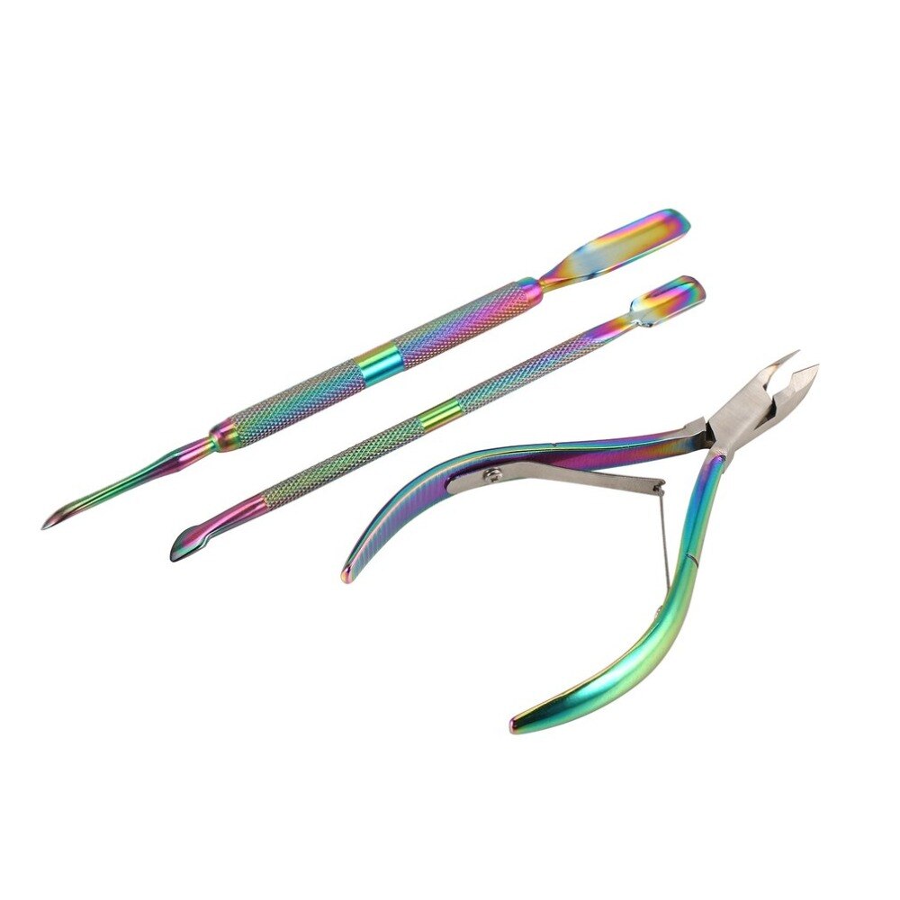 Chameleon Rainbow Nail Art Manicure Tools Kits Stainless Steel Cuticle Spoon Pusher Scissor Nipper Trimmer Nail Clipper Cutter - ebowsos