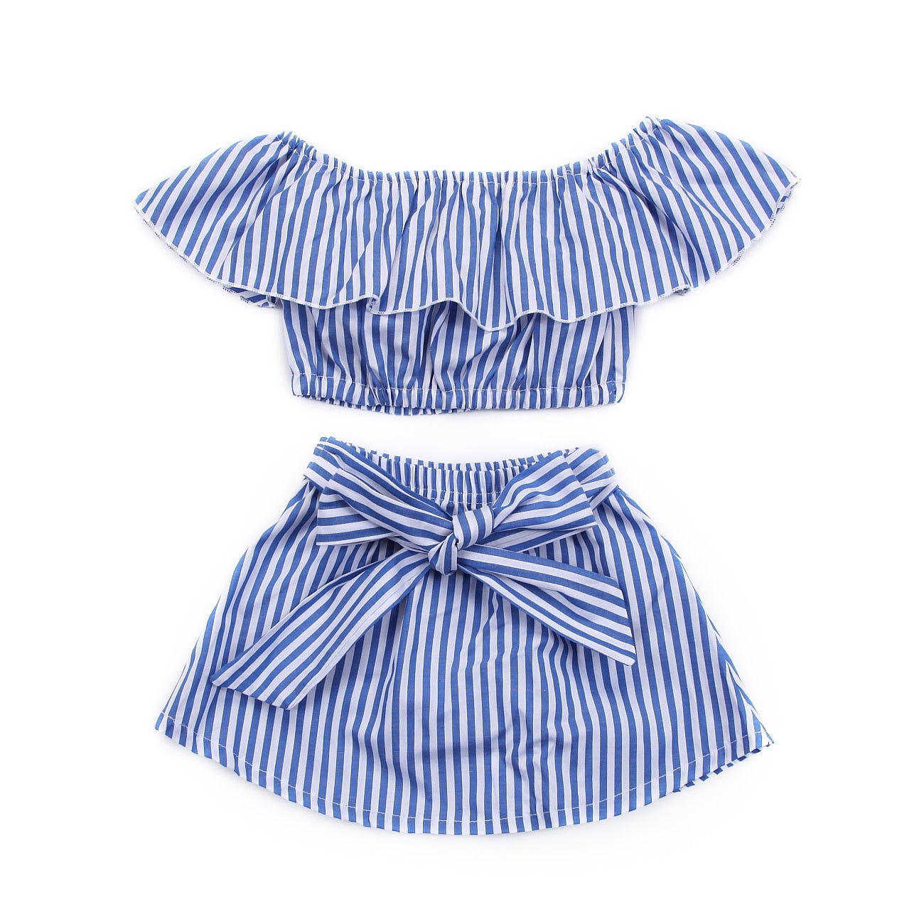 Child  Girls Clothing 2Pcs Set Summer Girls Clothes Off Shoulder Stripe T-shirt+Bow Skirt Outfit Kids Girls Children Clothes - ebowsos