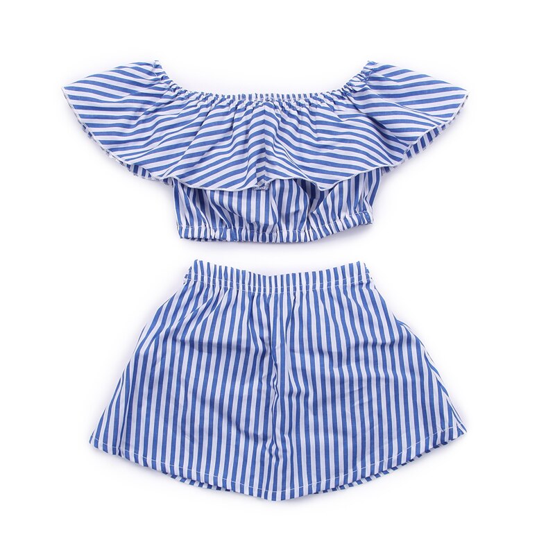 Child  Girls Clothing 2Pcs Set Summer Girls Clothes Off Shoulder Stripe T-shirt+Bow Skirt Outfit Kids Girls Children Clothes - ebowsos