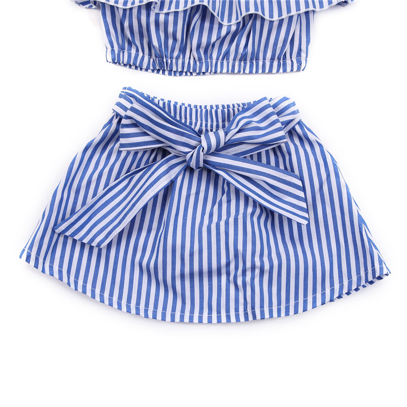 Child  Girls Clothing 2Pcs Set Summer Girls Clothes Off Shoulder Stripe T-shirt+Bow Skirt Outfit Kids Girls Children Clothes - ebowsos