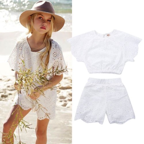 Child Kids Baby Girl Floral Crochet Lace Tops Crop Shorts Pants Outfits Sunsuit 2-7Y - ebowsos