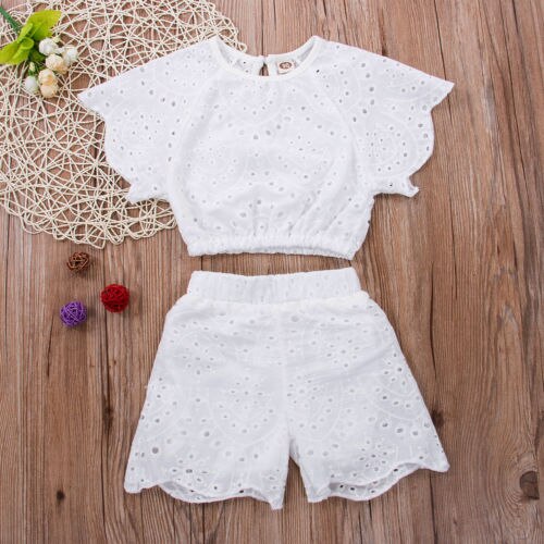 Child Kids Baby Girl Floral Crochet Lace Tops Crop Shorts Pants Outfits Sunsuit 2-7Y - ebowsos