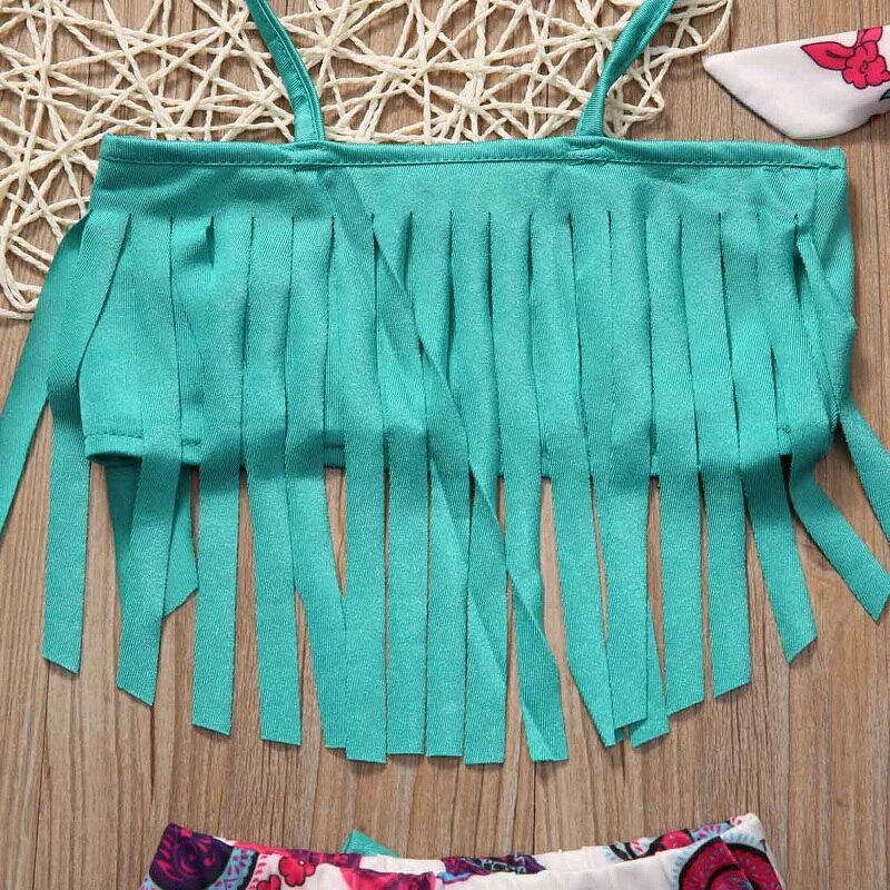 Children Baby Girl Tankini Bikini Suit Tassel Swimwear Swimsuit Bathing Suit 3PCS Toddler Kids Clothing Set - ebowsos