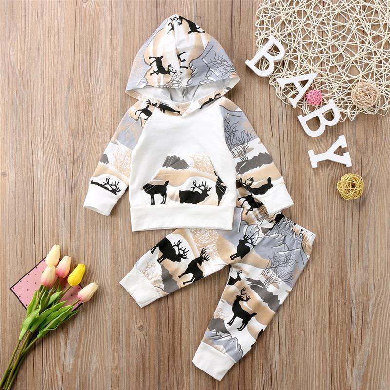 Children Clothing Set Boys Girls Deer Hooded Tops Long Sleeve Cotton Sweatshirt Long Pants Outfits Clothes - ebowsos