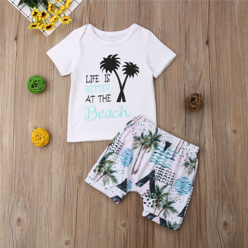 Children Kids Baby Boys Short Sleeve Letter Printed T shirt Tops+ Floral Shorts Clothing Suit Clothes Outfits Sets - ebowsos