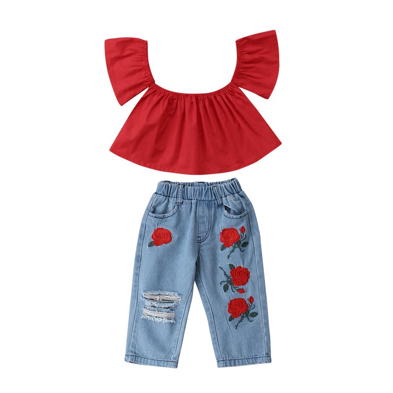 Children Kids Baby Girls 2Pcs Clothes Outfits Off Shoulder T-shirt Tops+Holes embroidery Jeans Pants Set Clothing 2T-7T - ebowsos