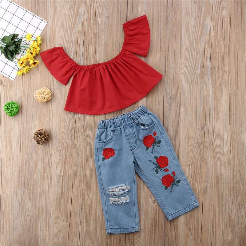 Children Kids Baby Girls 2Pcs Clothes Outfits Off Shoulder T-shirt Tops+Holes embroidery Jeans Pants Set Clothing 2T-7T - ebowsos