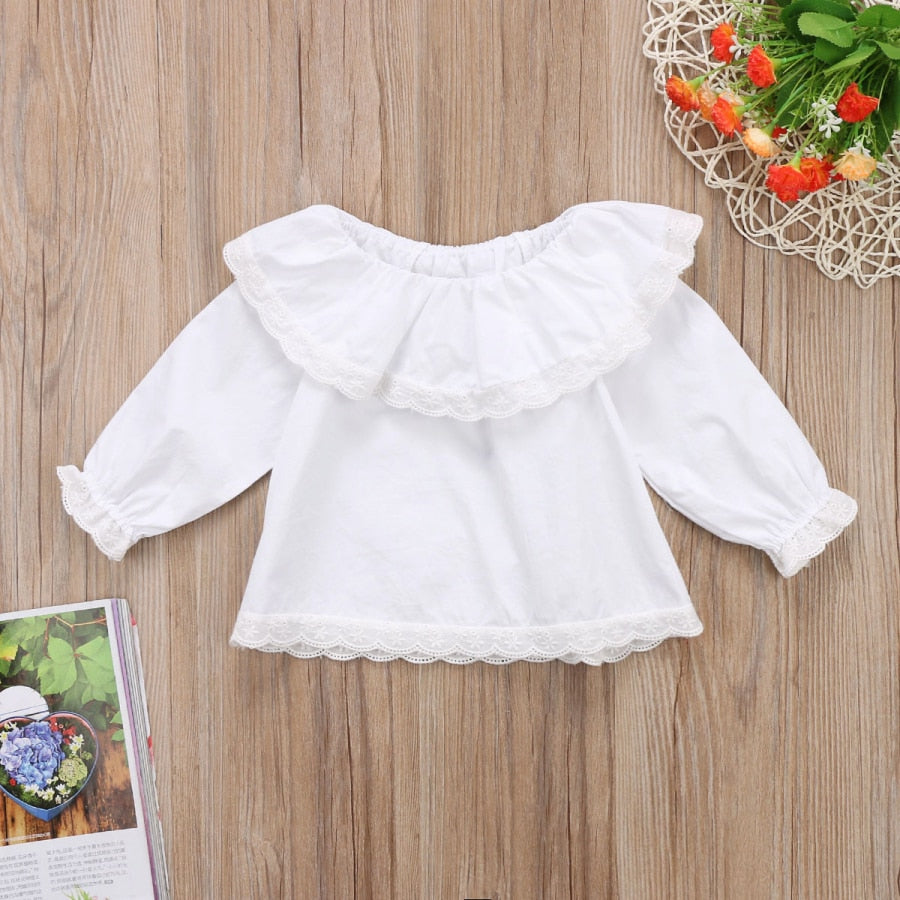 Children Princess Clothing Pretty Baby Girls Princess Lace Collar Long Sleeve Cotton Top T-shirt Clothes - ebowsos