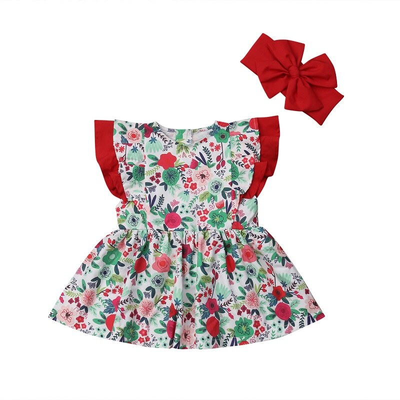 Chlid Kids Baby Girls Clothes Ruffle Floral Sleeveless Dress Headband Summer 2Pcs - ebowsos